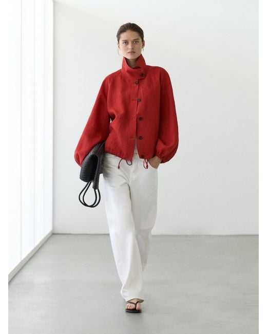 MASSIMO DUTTI Red Puffed Linen Bomber Jacket