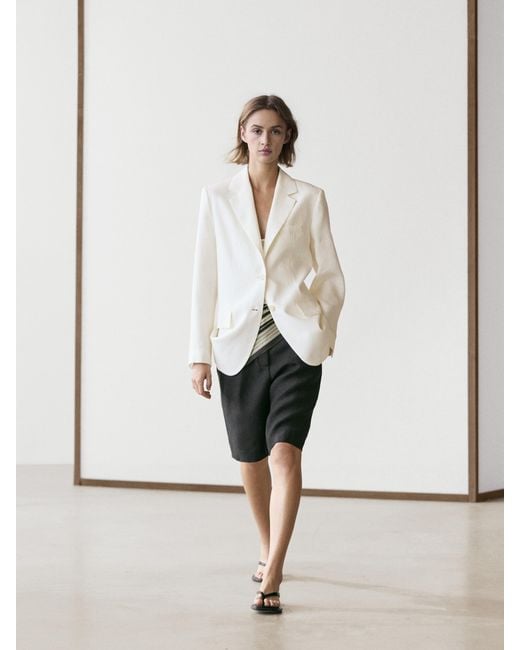 MASSIMO DUTTI Natural Long Linen Bermuda Shorts