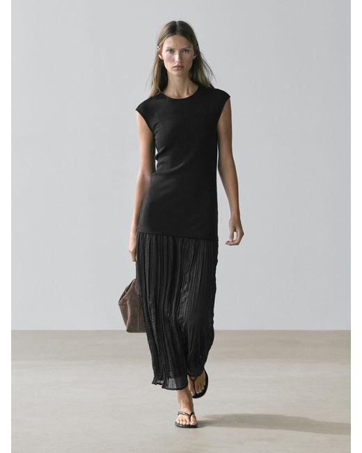 MASSIMO DUTTI Black Long Contrast Pleated Dress