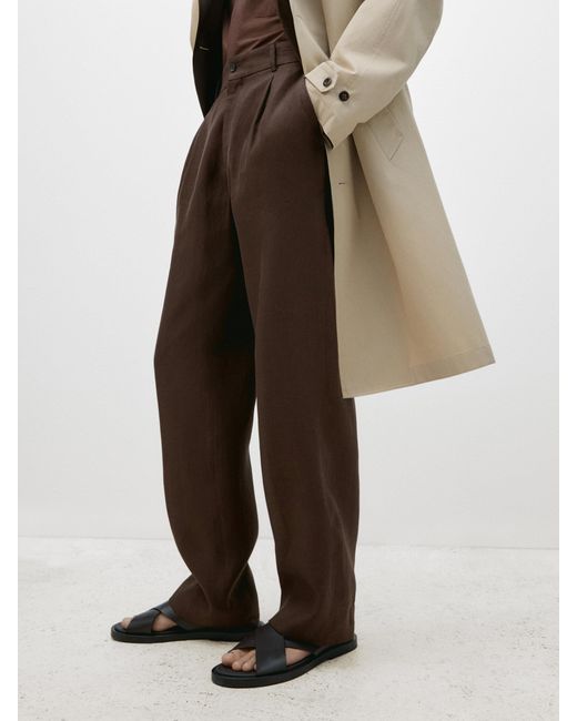 MASSIMO DUTTI Brown Straight-Leg Darted Linen Trousers for men