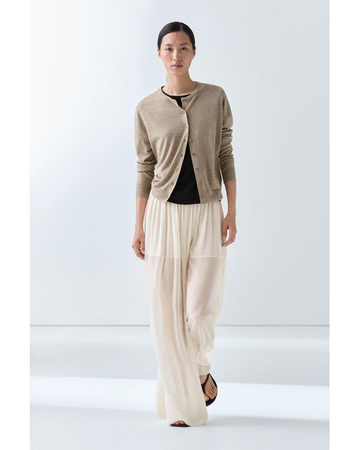 MASSIMO DUTTI White Fine-Knit Round Neck Cardigan