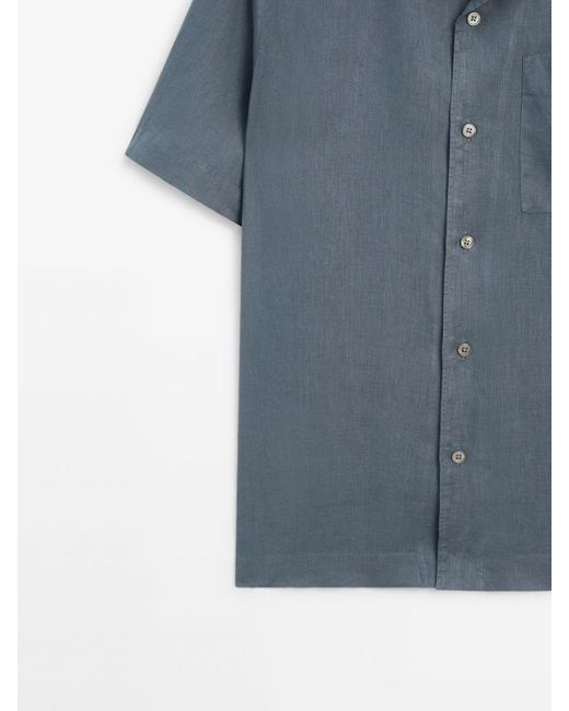 MASSIMO DUTTI Blue Slim Fit Short Sleeve Linen Shirt for men