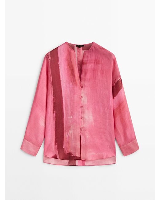 MASSIMO DUTTI Pink Colour Block Ramie Shirt
