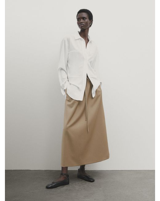 MASSIMO DUTTI Natural Drawstring Midi Skirt
