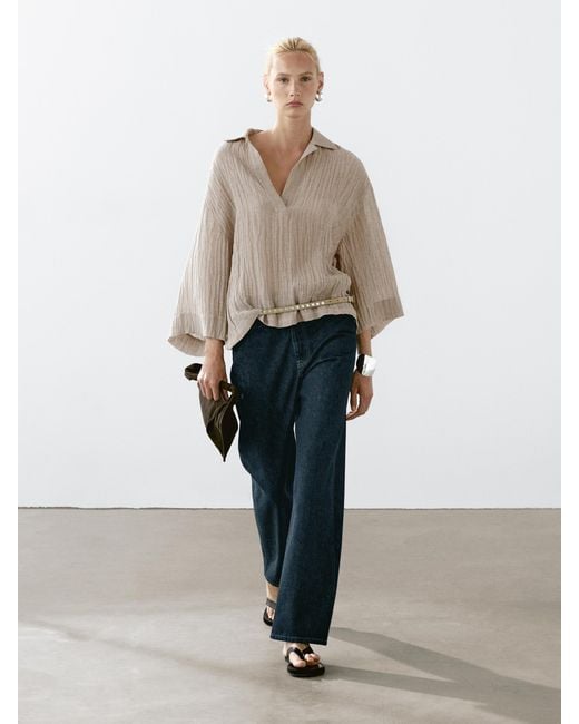 MASSIMO DUTTI Natural Flowing Linen Blend Blouse With Open Neckline