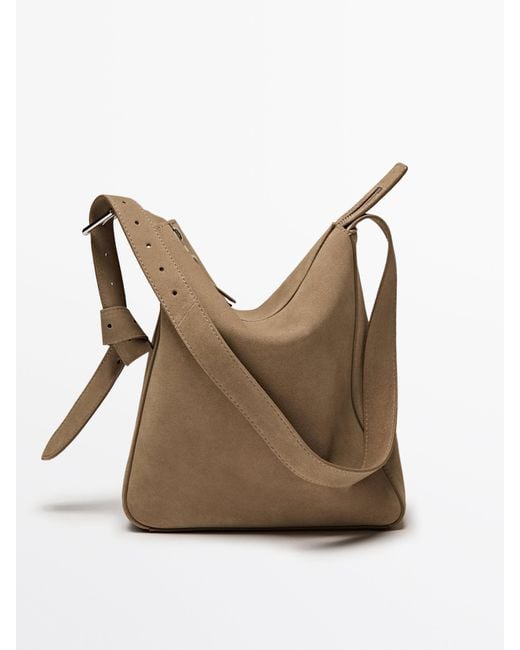 MASSIMO DUTTI Adjustable Split Leather Crossbody Bag in Brown