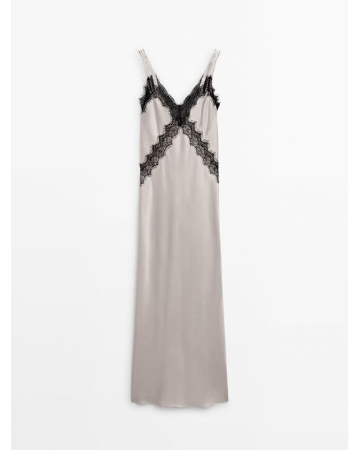 MASSIMO DUTTI White Satin Camisole Dress With Contrast Lace