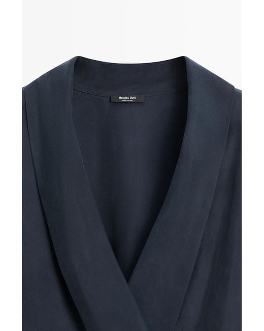 MASSIMO DUTTI Blue Flowing Gathered Wrap Blouse