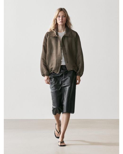 MASSIMO DUTTI Green Linen And Silk Bomber Jacket