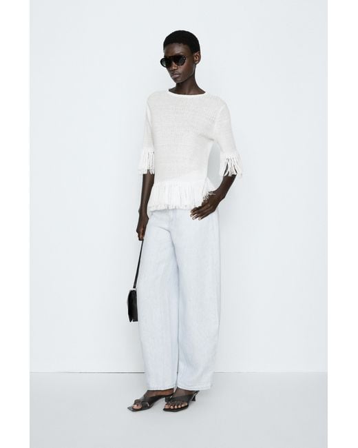 MASSIMO DUTTI White Fringe Detail Knit Sweater