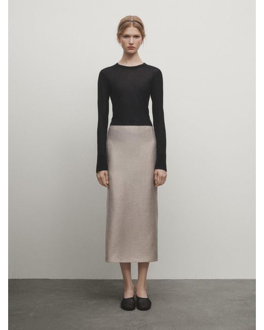 MASSIMO DUTTI Natural Creased-Effect Camisole Satin Midi Skirt