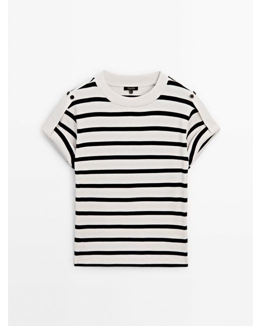 MASSIMO DUTTI Gray Striped Ribbed T-Shirt With Buttoned Shoulder Detail