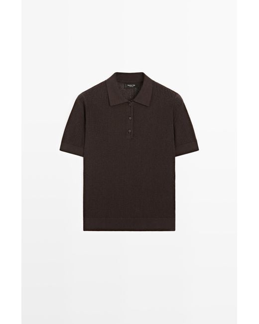 MASSIMO DUTTI Black Cotton Blend Openwork Polo Shirt