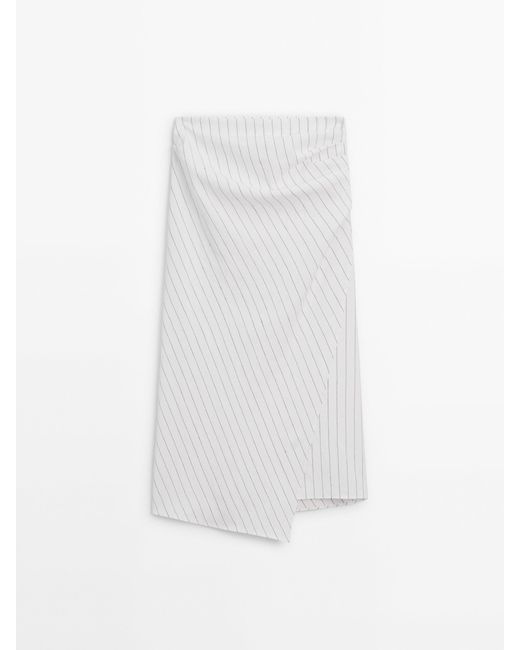 MASSIMO DUTTI White Striped Midi Skirt With Pleat Detail