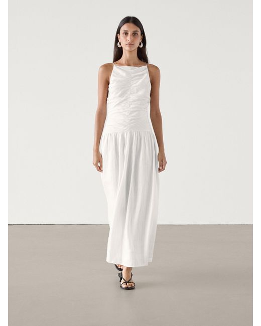 MASSIMO DUTTI Natural Gathered Pinstripe Midi Dress