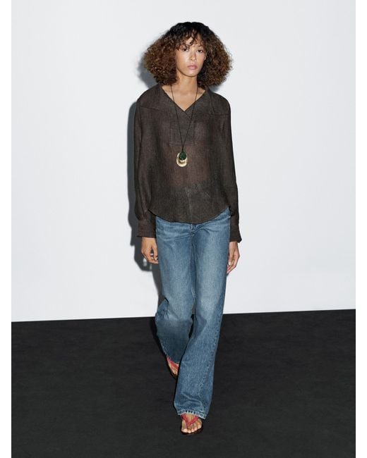 MASSIMO DUTTI White 100% Linen Blouse With Chest Detail