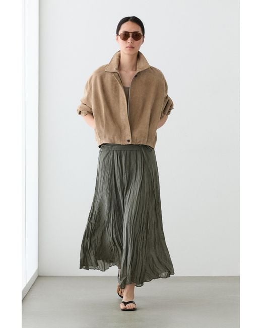 MASSIMO DUTTI Green Midi Skirt With Gathered Detail And Ramie