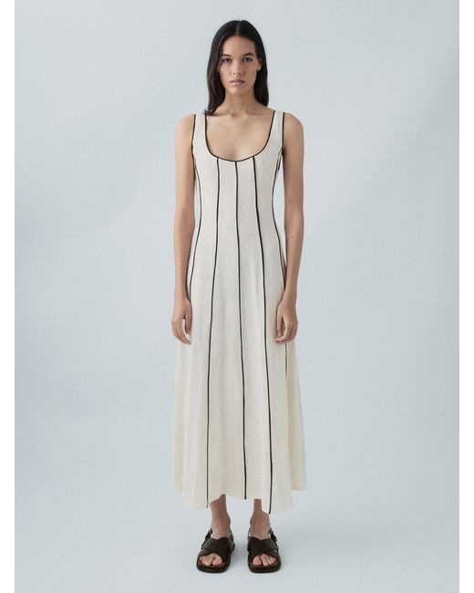 MASSIMO DUTTI White Linen Blend Two-Tone Strappy Dress