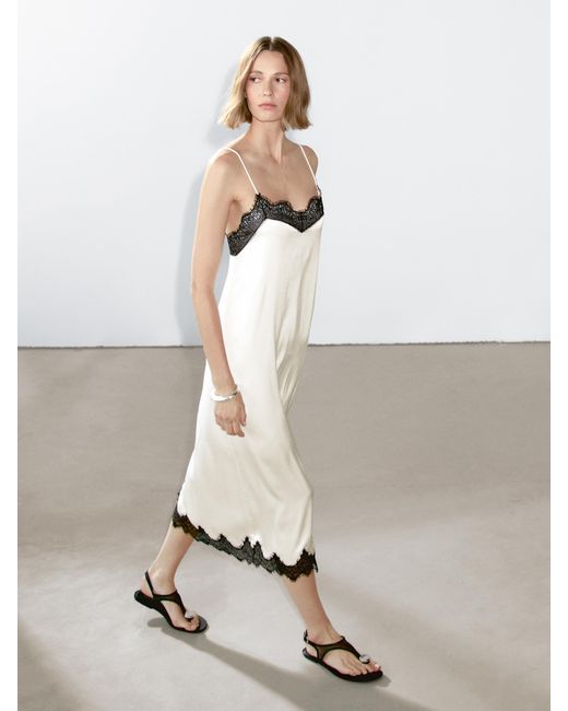 MASSIMO DUTTI Contrast Lace-Trimmed Midi Dress in White | Lyst