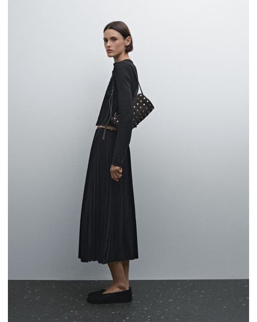 MASSIMO DUTTI Black Pleated Midi Skirt With Box Pleats