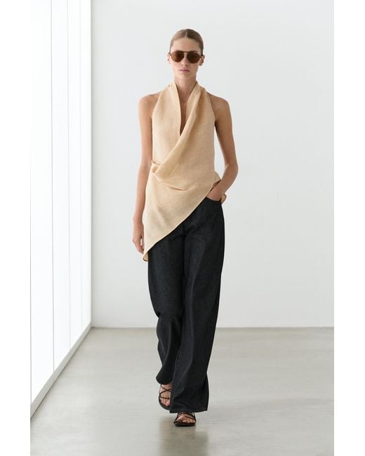 MASSIMO DUTTI White Linen Blend Draped Halter Top