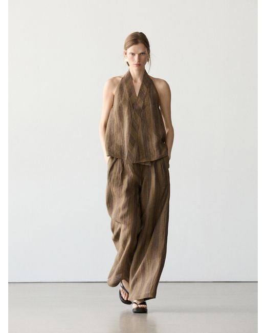 MASSIMO DUTTI Natural Wide-Leg Striped Linen Trousers