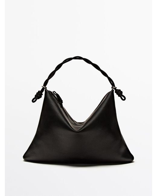 MASSIMO DUTTI Black Nappa Leather Shoulder Bag With Knot Detail