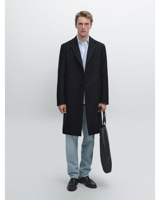 MASSIMO DUTTI Blue 100% Wool Long Coat With Lapel Collar for men