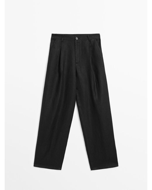 MASSIMO DUTTI 100% Linnen Broek Met Wijde Pijpen En Halfhoge Taille in het White