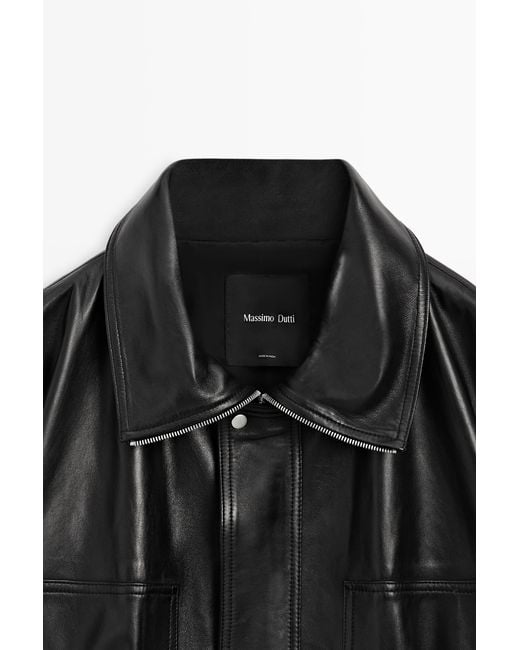 MASSIMO DUTTI Black Nappa Leather Bomber Jacket