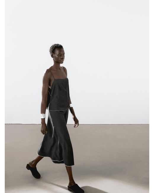 Gonna Midi Con Impuntura Sull'Orlo di MASSIMO DUTTI in White