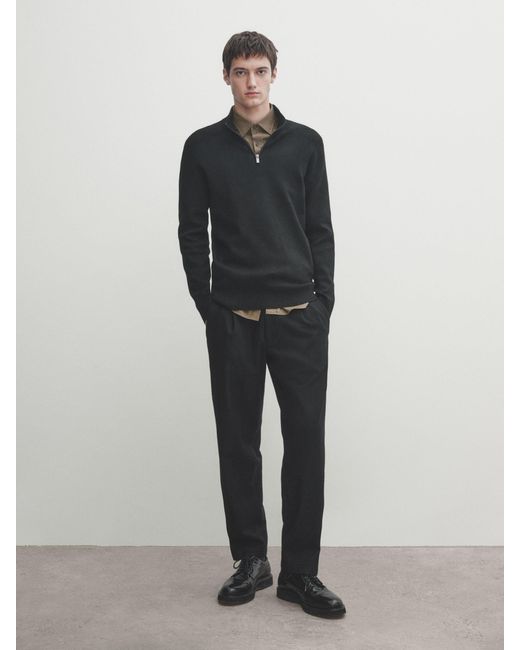 MASSIMO DUTTI Black Mock Neck Knit Sweater With A Zip for men