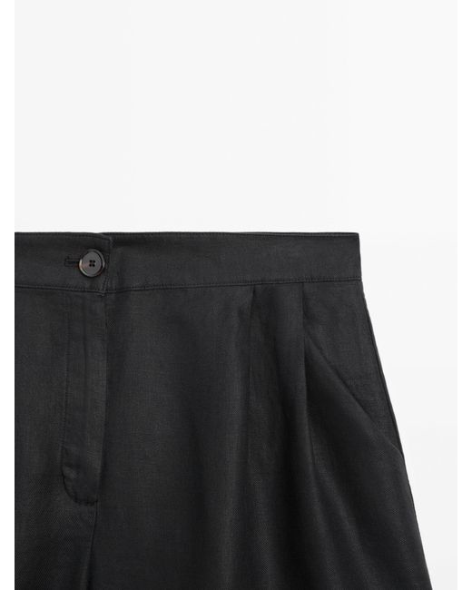 MASSIMO DUTTI Black 100% Linen Bermuda Shorts With Double Darts