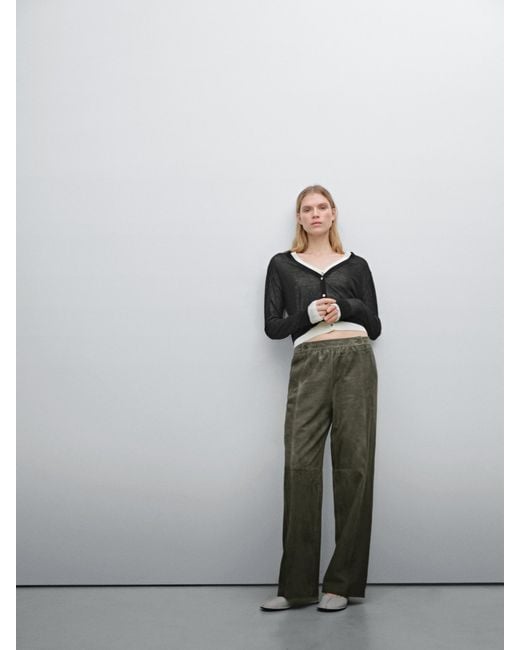 MASSIMO DUTTI Green Suede Leather Trousers With Linen Detail