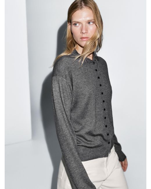 MASSIMO DUTTI Gray Knit Cardigan With Mock Turtleneck