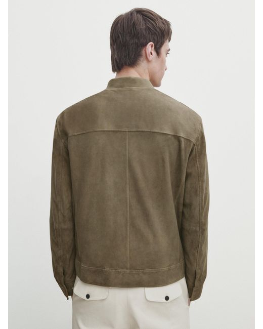 MASSIMO DUTTI Green Suede Leather Bomber Jacket With Zip for men