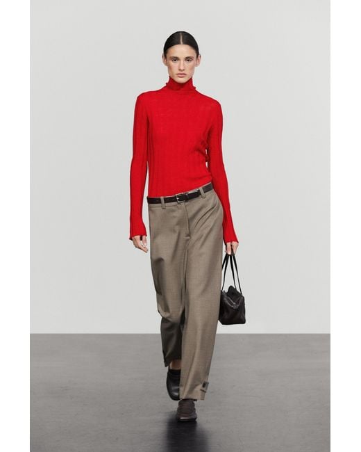 MASSIMO DUTTI Red 100% Wool Darted Pants With Hem Detail