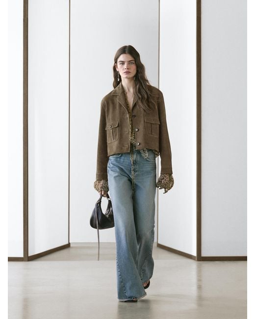 MASSIMO DUTTI Green Short Suede Leather Jacket