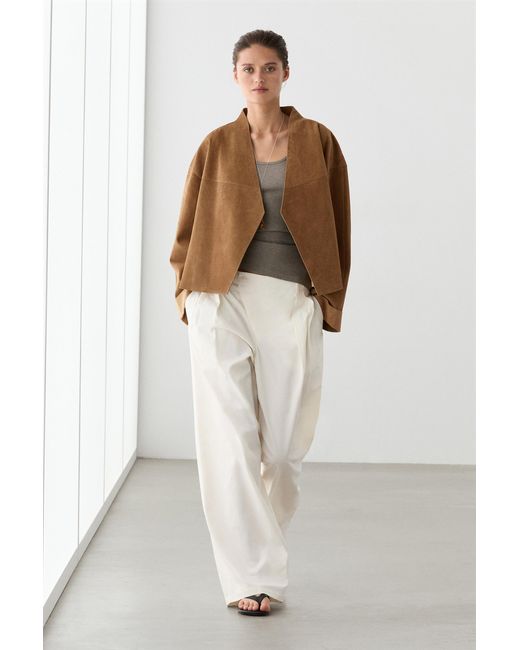 MASSIMO DUTTI White Short Double-Breasted Suede Leather Jacket