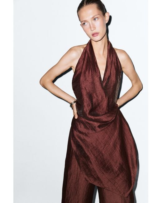 MASSIMO DUTTI Red Flowing Draped Halter Neck Jumpsuit