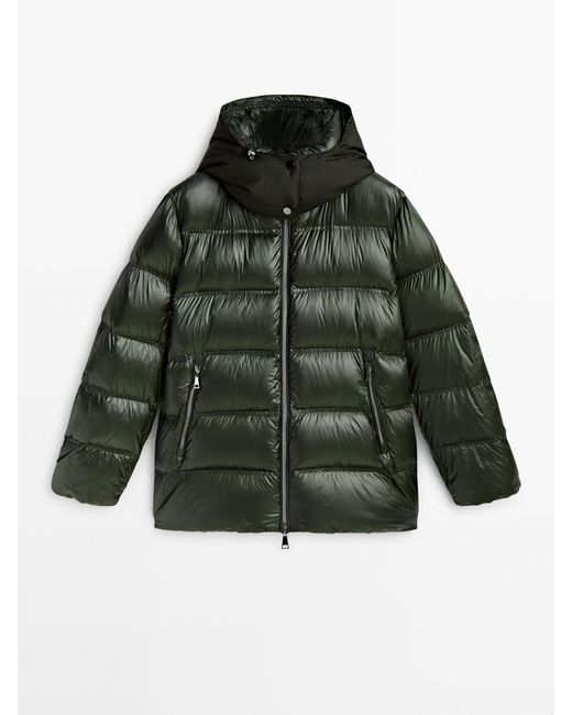 MASSIMO DUTTI Green Jacket With Down And Feather Padding And Contrast Hood