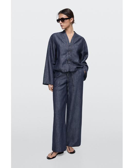 MASSIMO DUTTI Blue Total Look Wide-Leg Denim Linen Pants