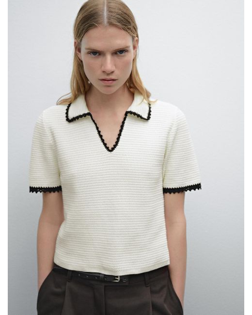 MASSIMO DUTTI Natural Crochet Knit Polo Sweater