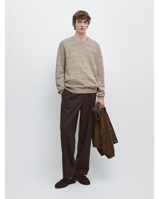 MASSIMO DUTTI White Round Neck Striped Knit Jumper for men