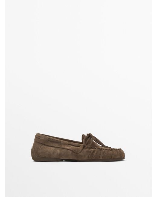 MASSIMO DUTTI White Gathered Split Suede Loafers