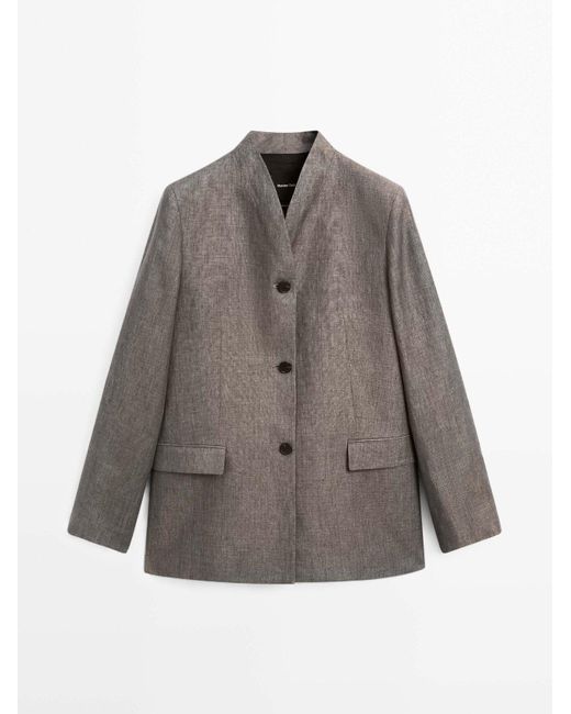 MASSIMO DUTTI 100% Linnen Blazer Met Hoge Kraag in het Gray