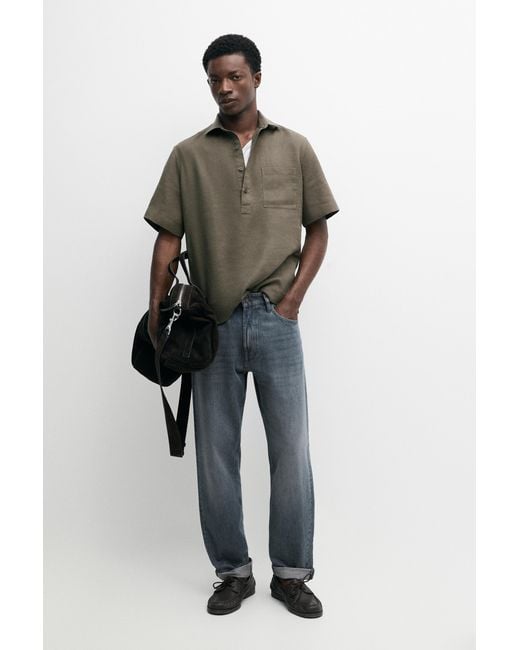 MASSIMO DUTTI Brown 100% Linen Short Sleeve Polo Shirt for men