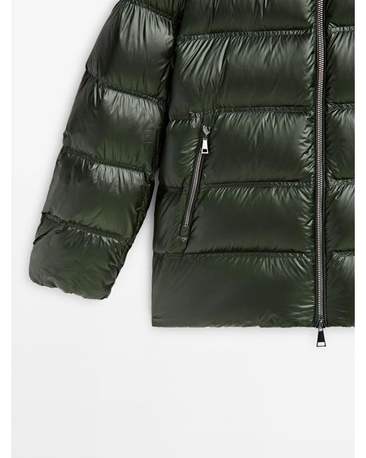 MASSIMO DUTTI Green Jacket With Down And Feather Padding And Contrast Hood