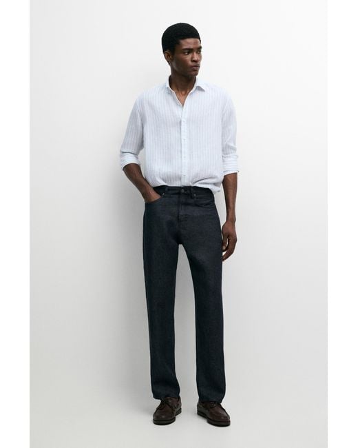 MASSIMO DUTTI White Extra-Fine 100% Linen Striped Shirt for men