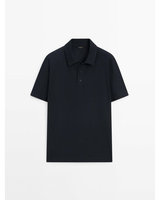 MASSIMO DUTTI Blue Short Sleeve Diagonal Cotton Micro-Twill Polo Shirt for men
